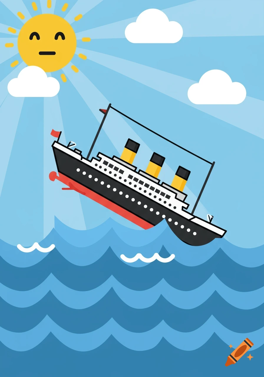 A flat, cartoon illustration of the Titanic sinking, with the ship tilting into blue wavy water under a light blue sky with a worried sun and white clouds.