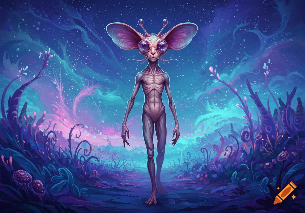A skinny alien creature with large ears, segmented eyes, and a cat-like face stands in a vibrant purple and blue alien landscape.