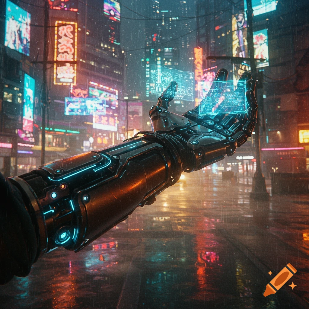 Close-up of a robotic arm holding glowing holographic screens in a rainy cyberpunk city with neon signs.