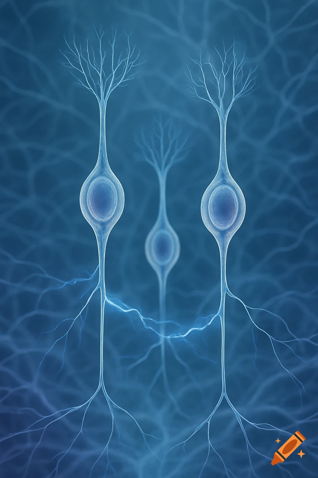 Three stylized blue bipolar cells with branching dendrites and electrical currents against a deep blue background.