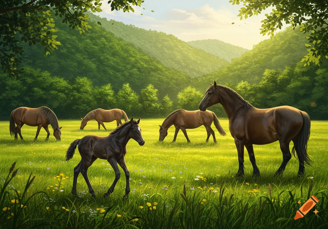 A photorealistic herd of horses, including one foal, graze in a lush green meadow surrounded by forested mountains under a sunny sky.