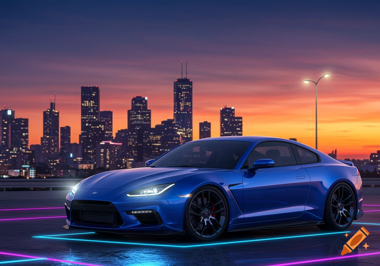 A sleek blue sports car with glowing headlights parked on a reflective surface with neon lines, against a city skyline at sunset.