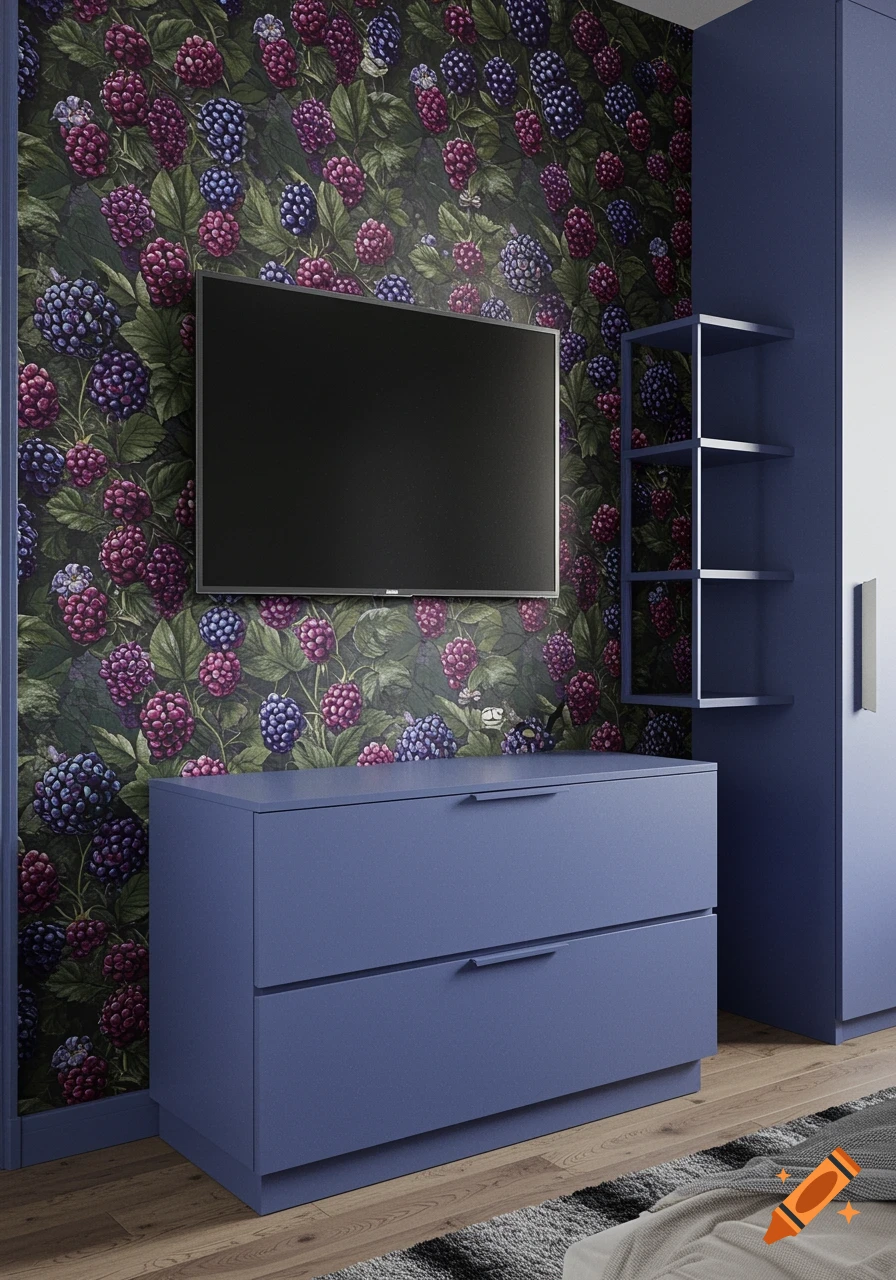 A photorealistic bedroom corner with periwinkle blue chest of drawers, a TV, and shelves against blackberry-patterned wallpaper.