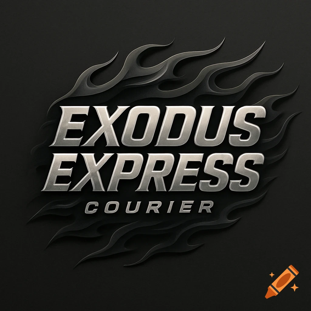 Silver metallic 'EXODUS EXPRESS COURIER' logo with stylized black flames on a dark background.