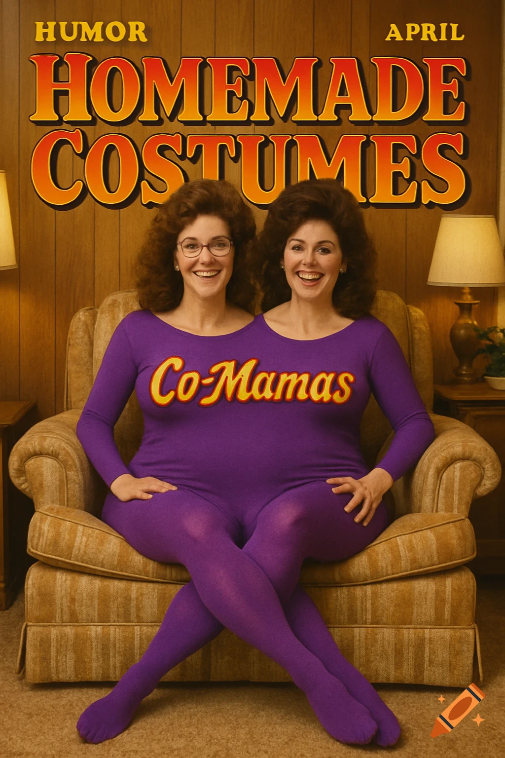 A retro-style magazine cover showing two women sharing a purple 'Co-Mamas' costume, creating a two-headed illusion, with text 'HOMEMADE COSTUMES'.