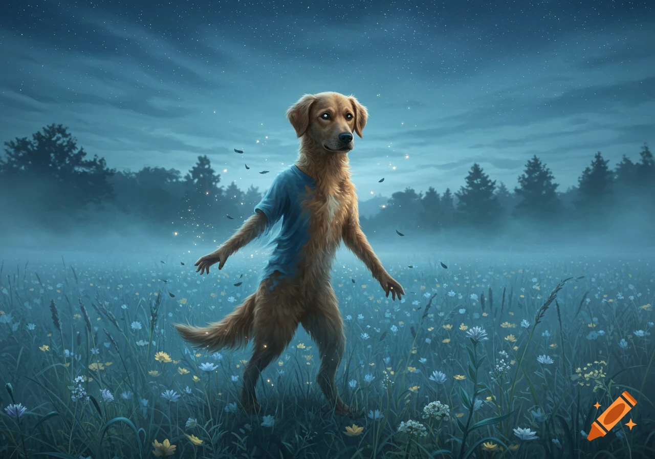 A golden retriever-like bipedal creature wearing a torn blue shirt stands in a misty field of wildflowers under a starry night sky.