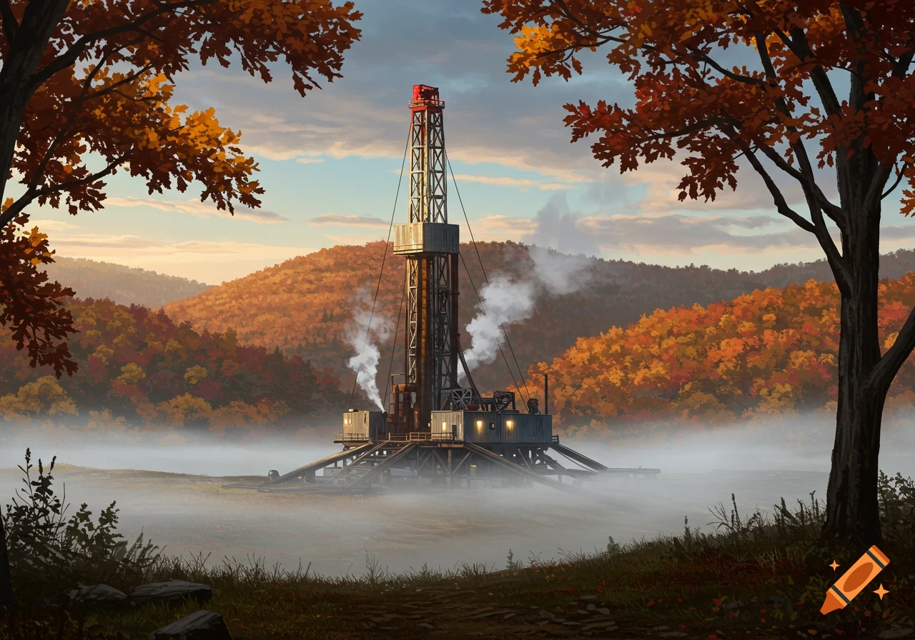 A large drilling rig stands amidst a misty autumn landscape with trees covered in orange and red leaves.