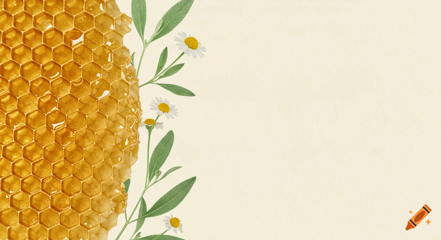 A close-up of golden honeycomb with honey drips on the left, next to green leafy botanical stems with small white chamomile flowers on a creamy ivory background.