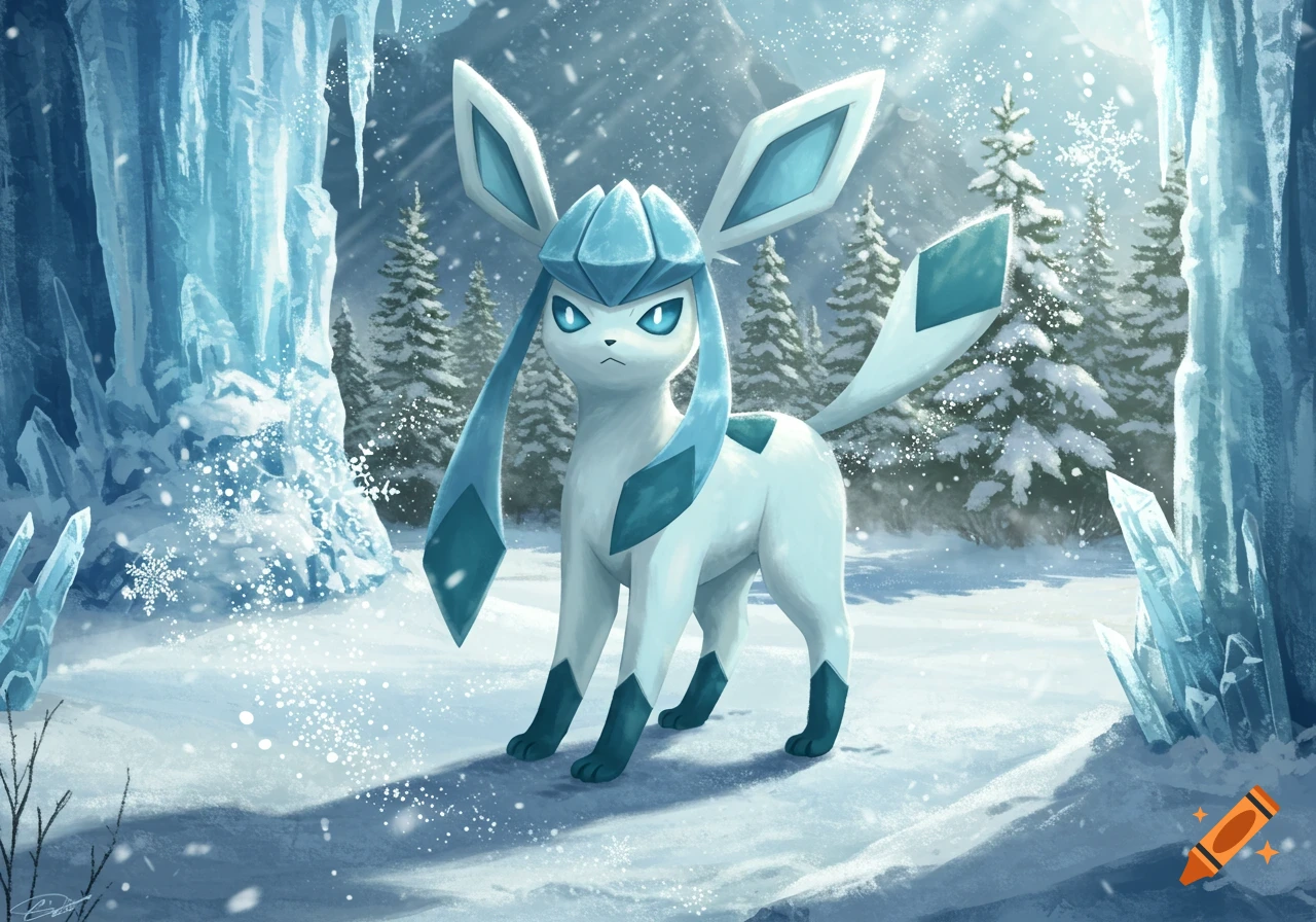 A white and blue Glaceon Pokémon stands in a snowy, icy forest with large ice formations and evergreen trees.
