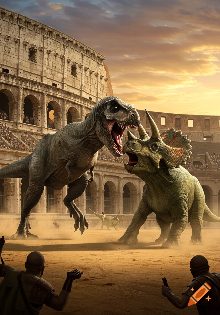 A fierce T-Rex battles a Triceratops in the sandy arena of a grand Roman Colosseum, with spectators in the stands.