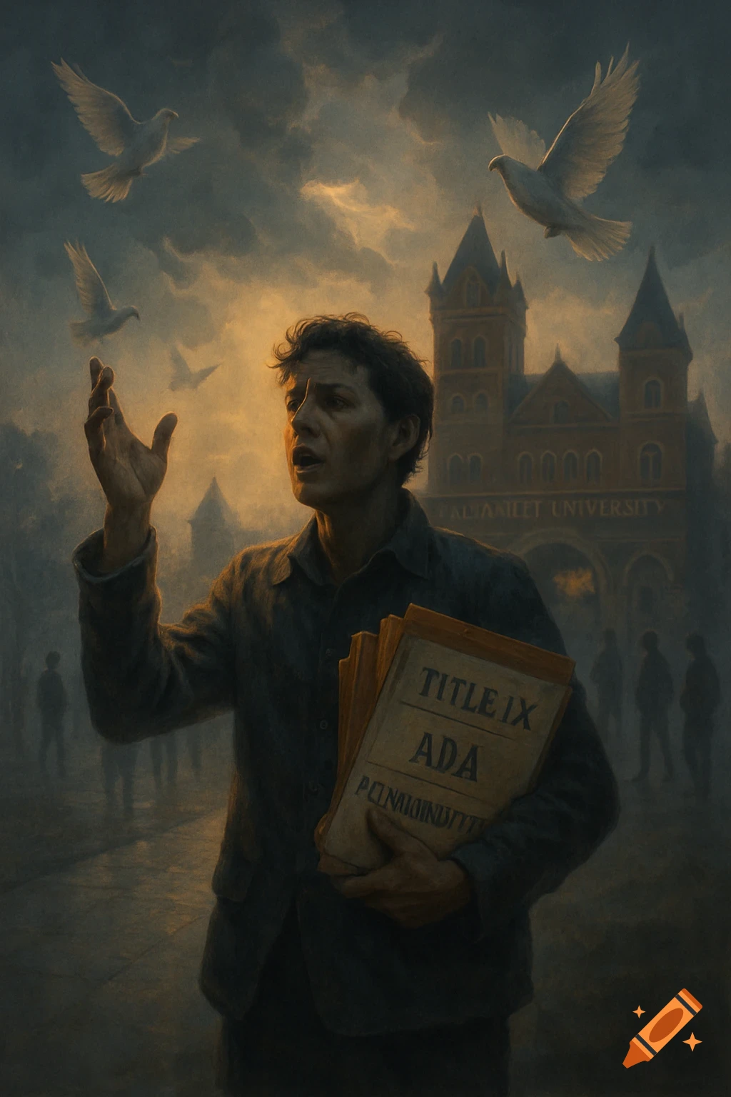 A man holds documents, speaking with an open hand gesture, while doves fly above a university building under a dramatic sky. The text on the building is partially visible.
