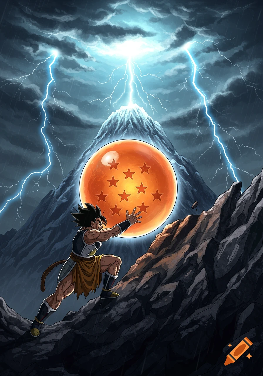 Anime-style illustration of a Saiyan character pushing a large orange dragon ball up a rocky mountain under a stormy, lightning-filled sky.