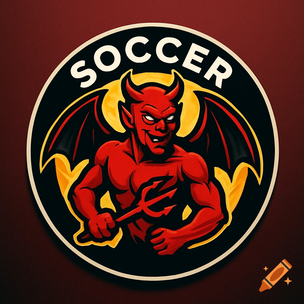 Circular red and yellow soccer team logo featuring a grinning red devil with horns and wings holding a trident, with 'SOCCER' text at the top.