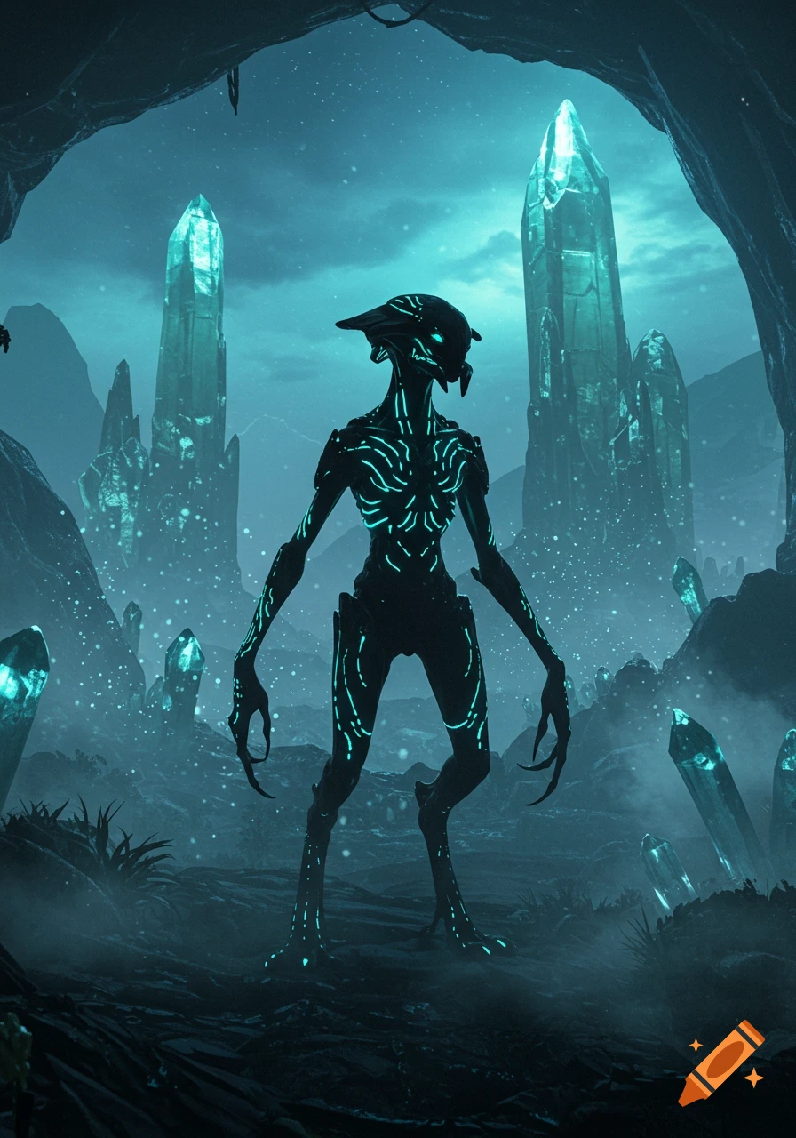 A dark alien creature with glowing blue patterns stands in a mysterious cave with large, luminous teal crystals.