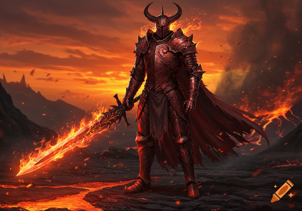 A fantasy knight in horned red armor wields a flaming sword in a fiery, volcanic landscape.