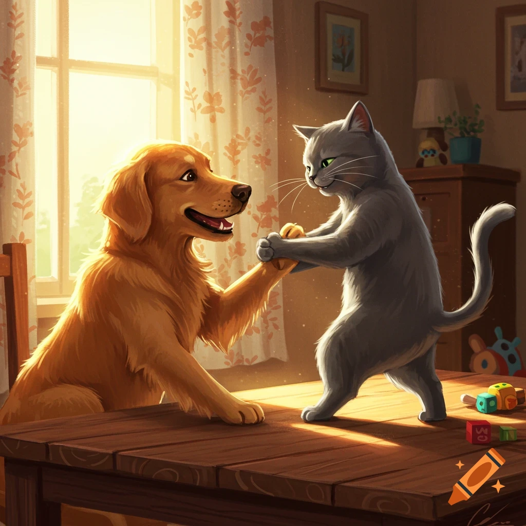 A happy golden retriever and a gray cat hold paws on a sunlit wooden table, in an illustrative style.