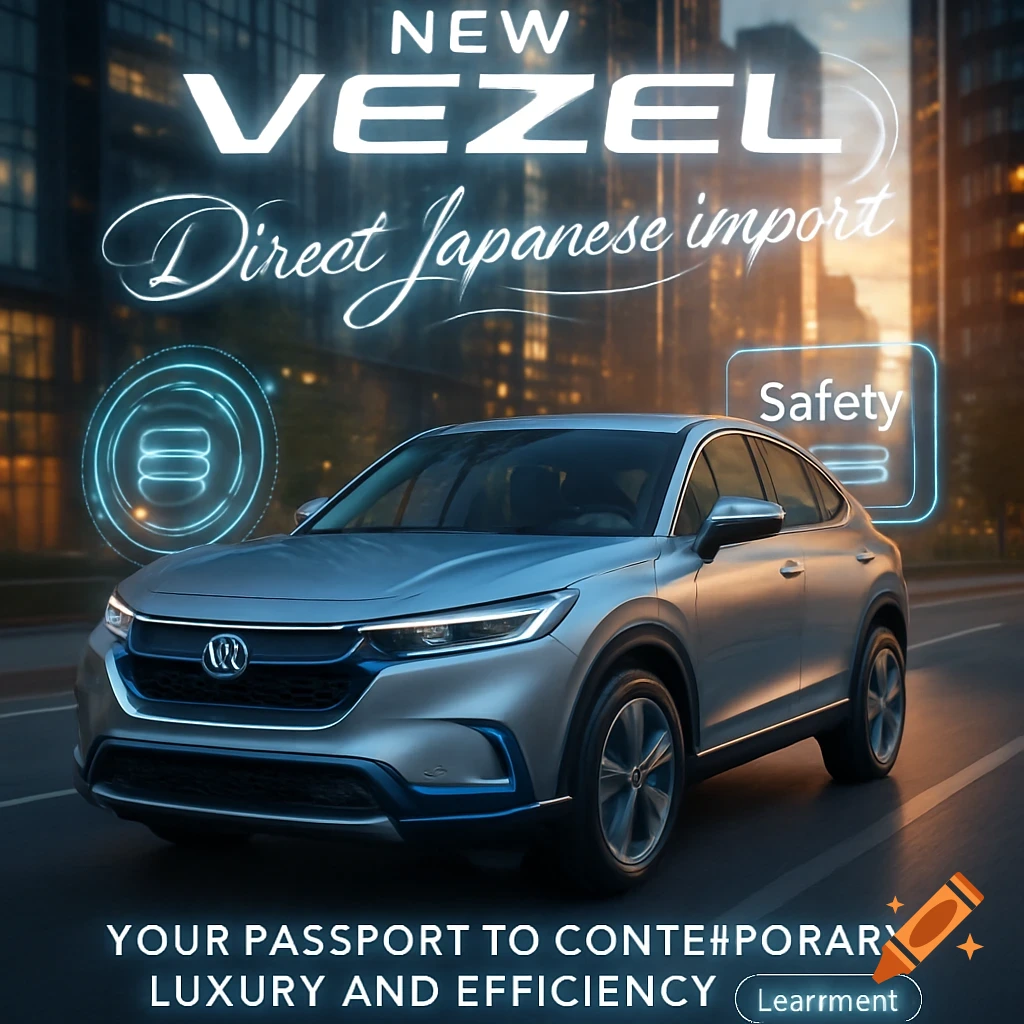 A sleek silver SUV, a new Vezel model, is parked on a city street at night under neon signs that read "NEW VEZEL Direct Japanese import" and "Safety", with the tagline "YOUR PASSPORT TO CONTEMPORARY LUXURY AND EFFICIENCY" at the bottom.