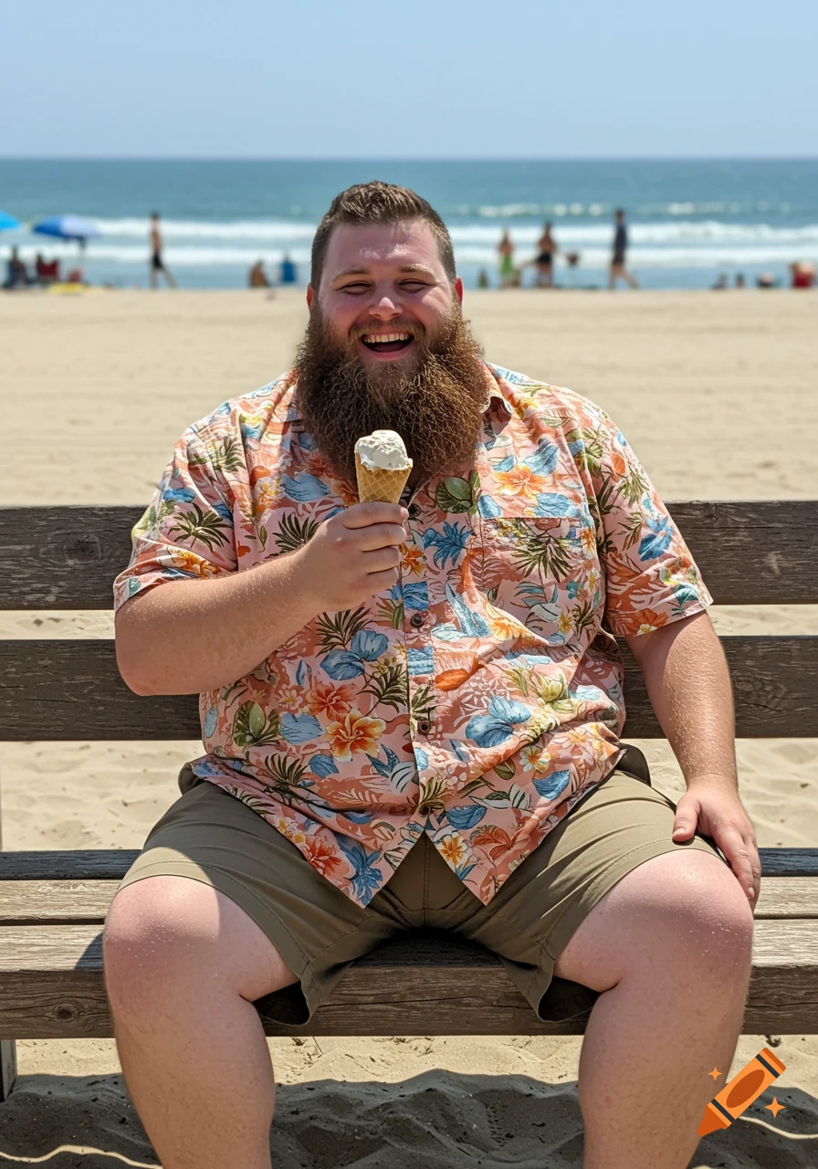 A smiling bearded man sits on a wooden bench at the beach, holding an ice cream cone.