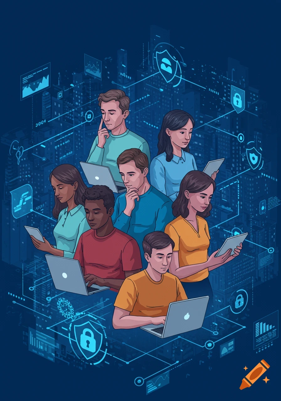 A digital illustration of diverse people using laptops, tablets, and smartphones, surrounded by glowing data streams, network nodes, and security symbols on a blue background, representing digital resilience.