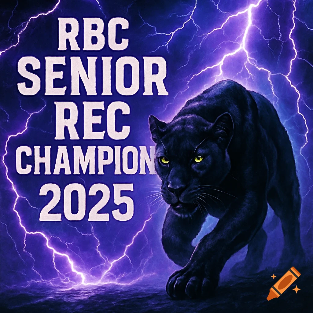 A black panther crouches against a dramatic purple lightning background with the text "RBC SENIOR REC CHAMPION 2025".
