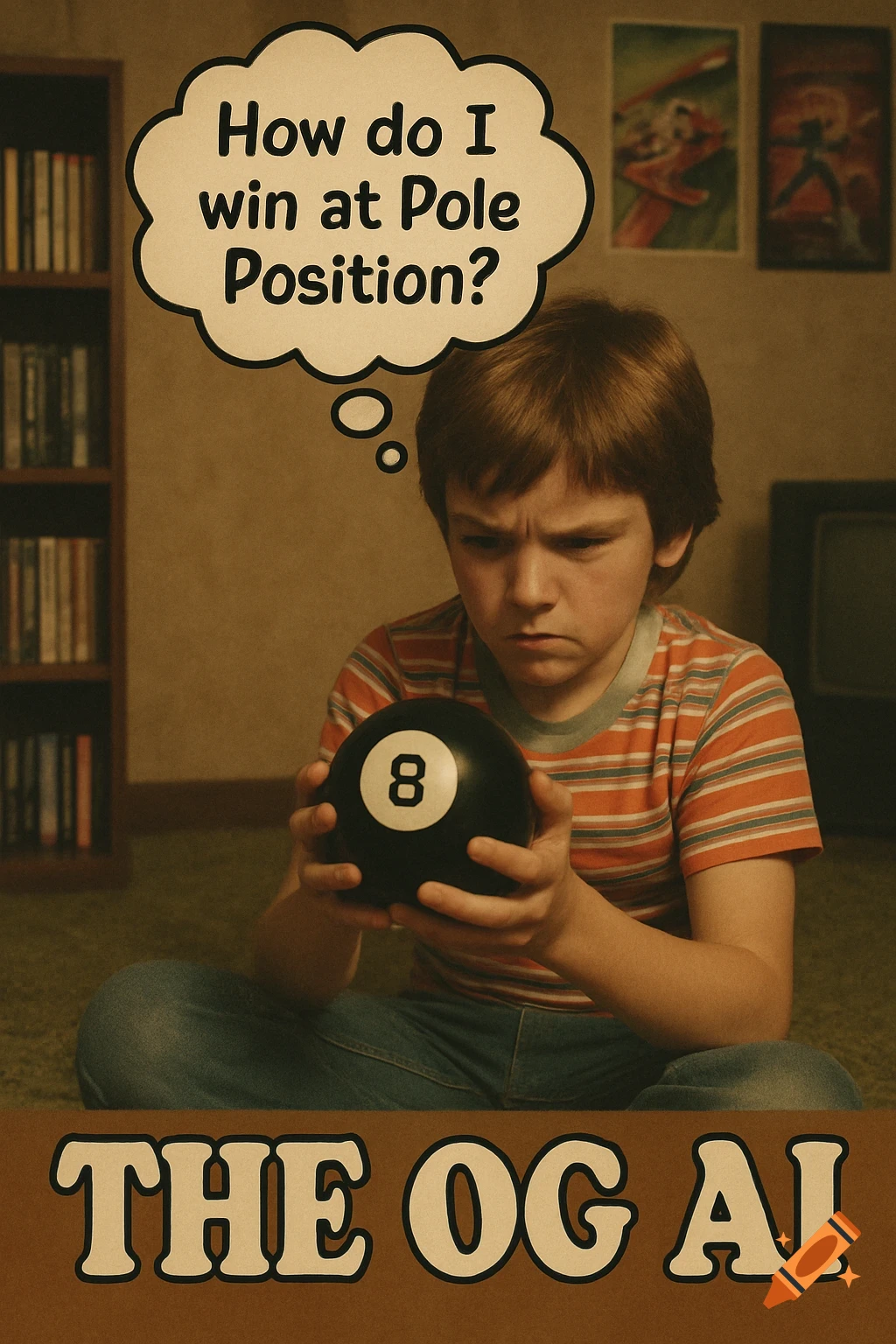 A child intently holds a Magic 8-Ball, with a thought bubble asking 'How do I win at Pole Position?' and a caption 'THE OG AI'.