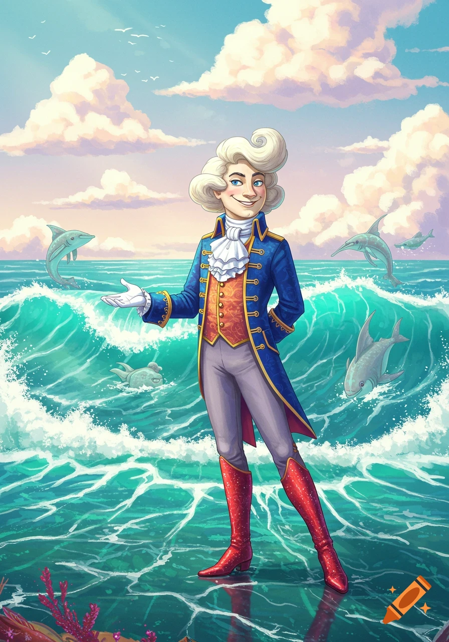 A stylized illustration of a flamboyant man with white curly hair, wearing a blue and gold coat and red boots, standing in the ocean surrounded by jumping sea creatures.