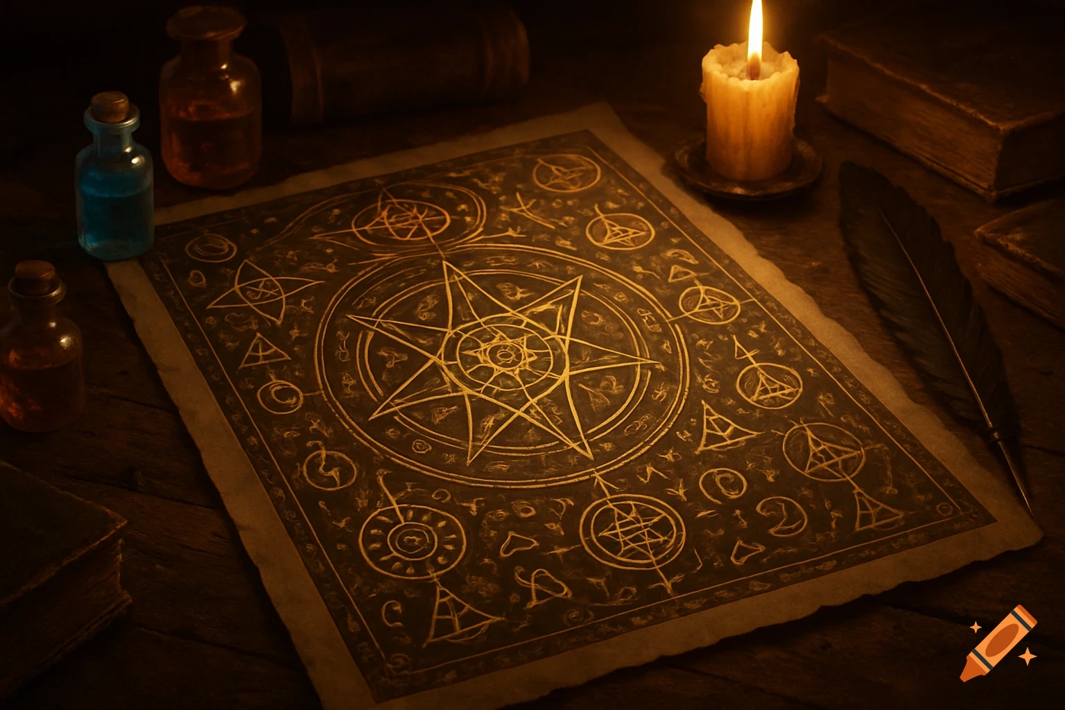 An old parchment with glowing golden arcane sigils and a large star symbol, surrounded by a lit candle, potion bottles, and books on a dark wooden table. Dark fantasy aesthetic.