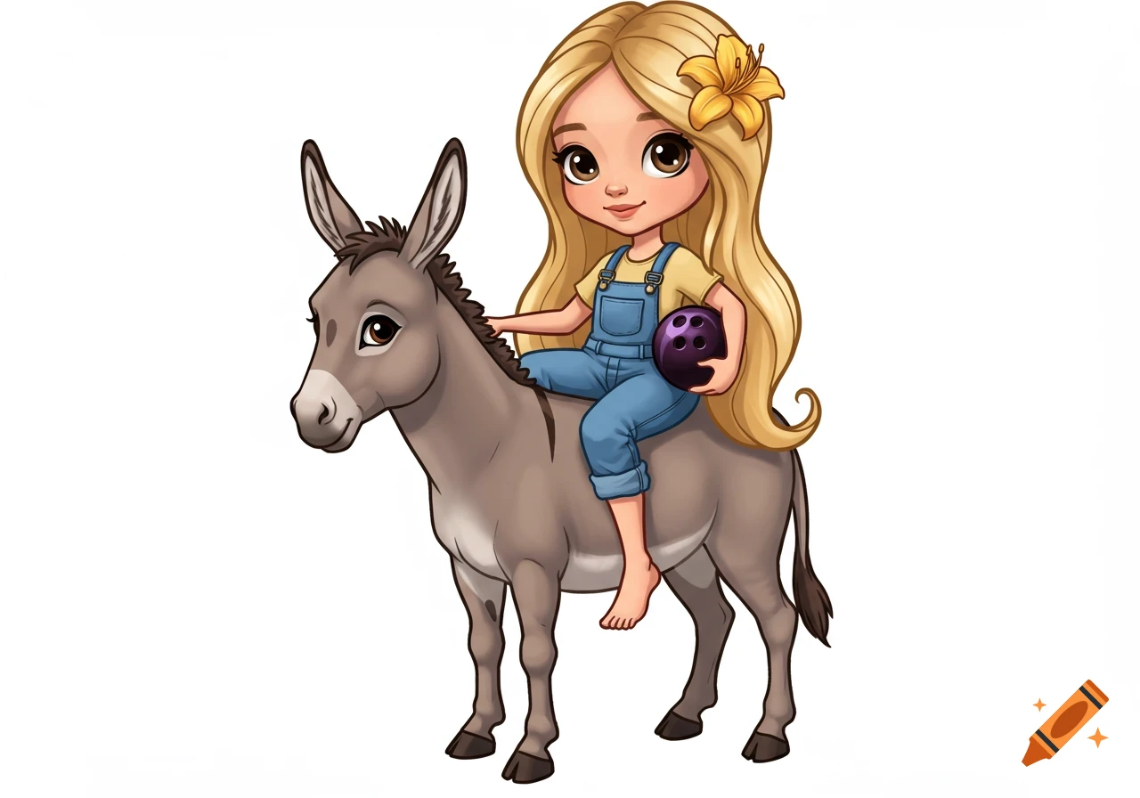 Cartoon girl with blonde hair and overalls, holding a bowling ball, sitting on a donkey against a white background.