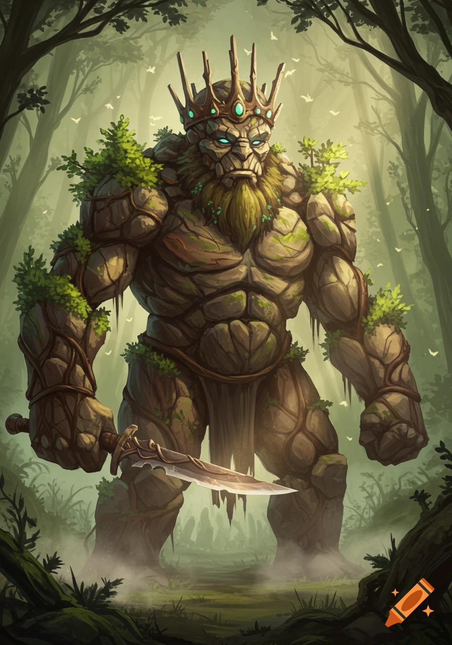 A large, stone-like earth elemental with a green beard, crown, and glowing eyes, holding a sword in a misty forest.