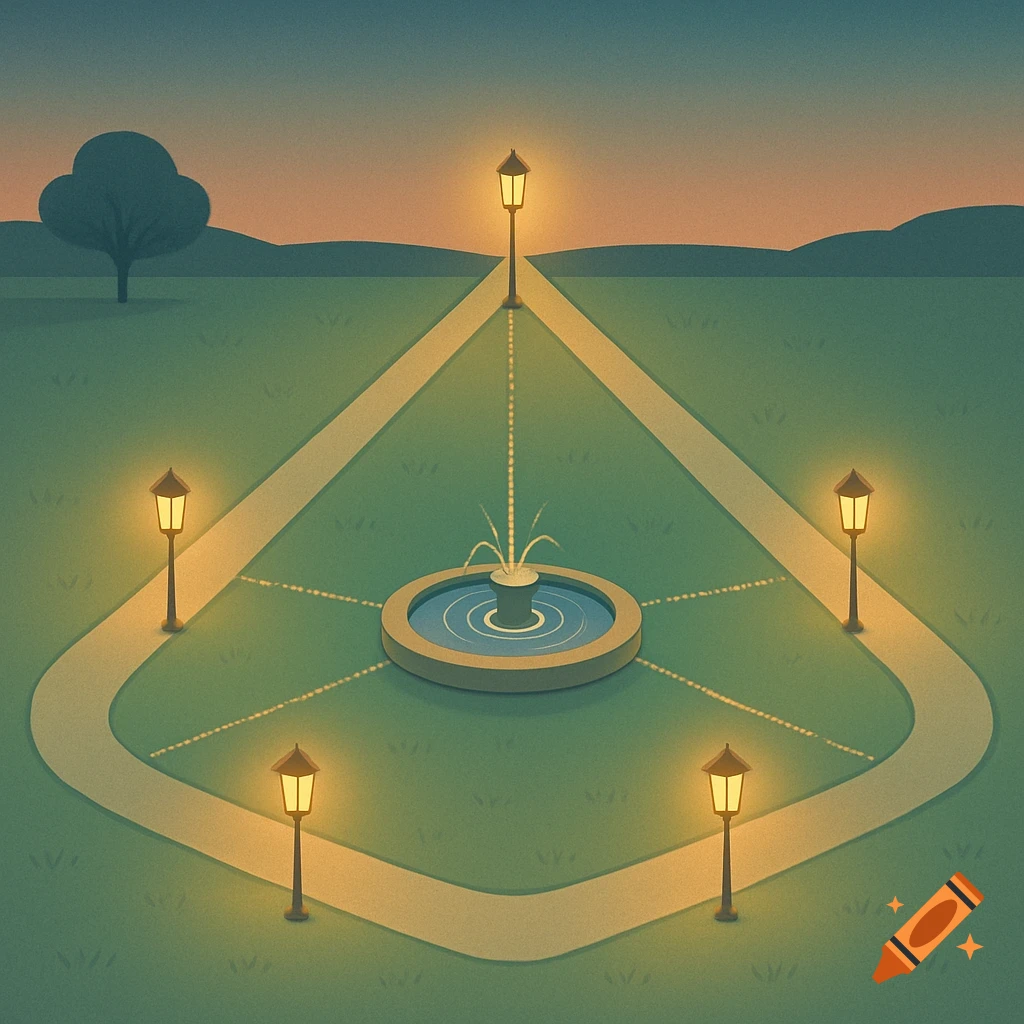 An illustration of a park at dusk with a central fountain, crisscrossing paths, and multiple street lamps.