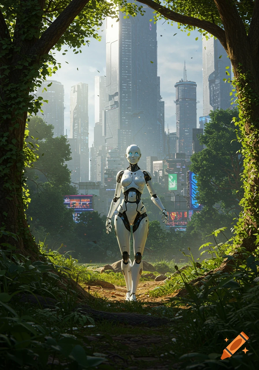 A white robot with glowing blue eyes stands on a dirt path under green trees, facing a large futuristic city with skyscrapers.
