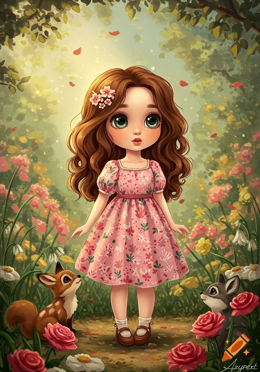 A Disney-style girl with brown hair and large green eyes stands in a vibrant forest surrounded by flowers, a fawn, and a rabbit.
