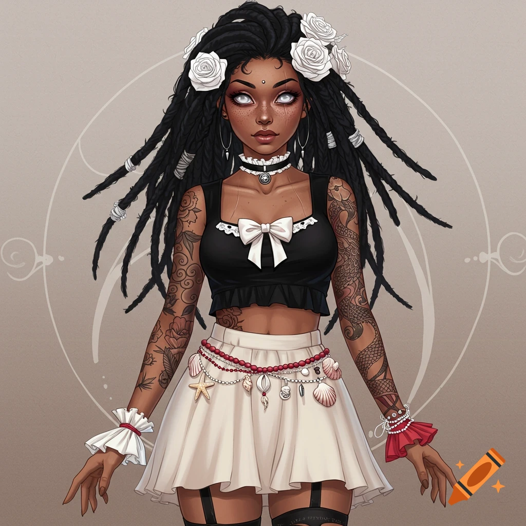 An illustration of a dark-skinned woman with dreadlocks, white eyes, tattoos, and white roses in her hair, wearing a black crop top and white skirt.