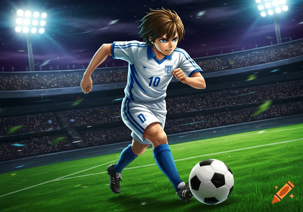 Anime-style soccer player in a white and blue uniform running with a soccer ball on a green field in a stadium at night.