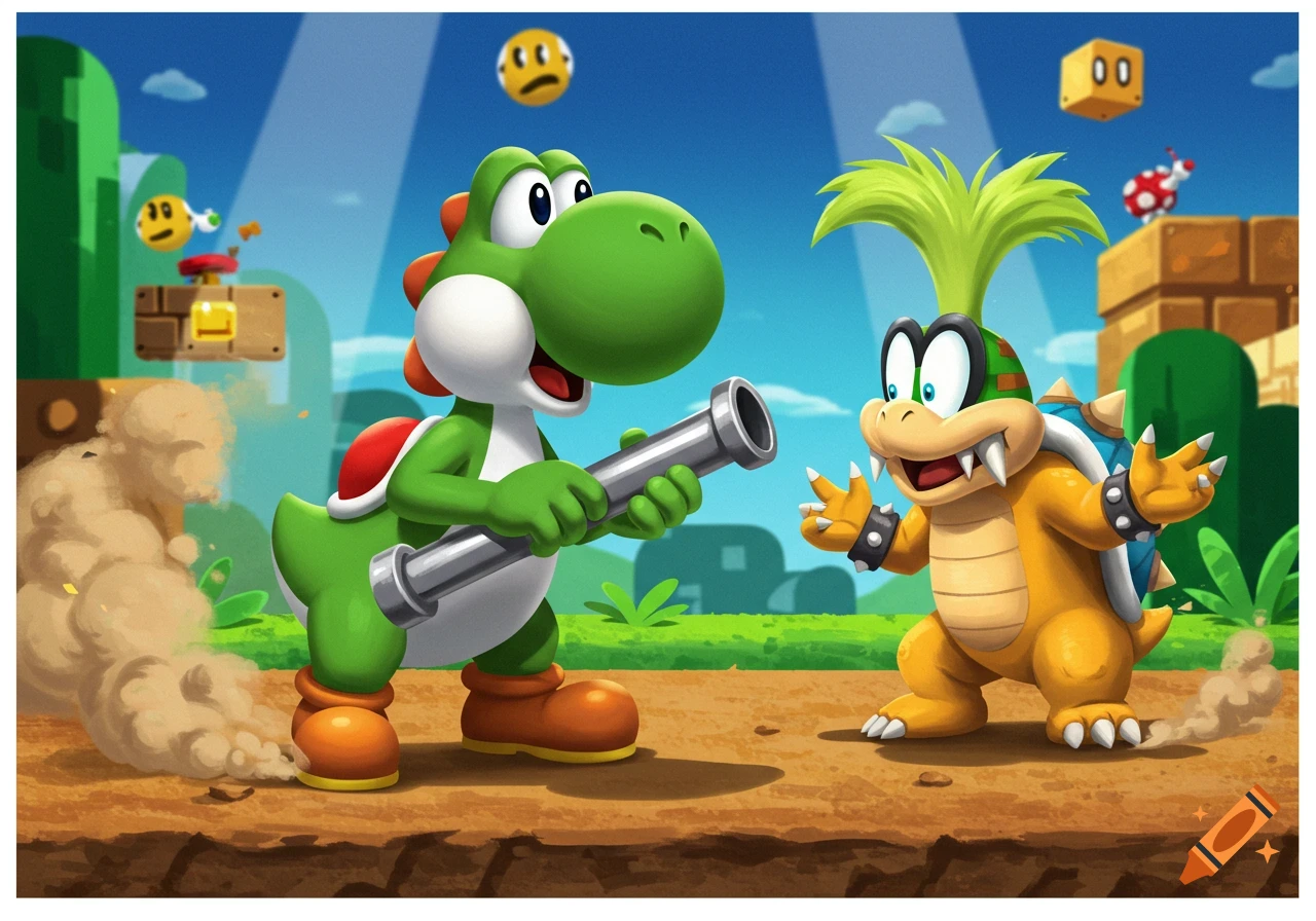 Yoshi holding a lead pipe stands opposite Iggy Koopa in a colorful, cartoon-style Super Mario Bros. landscape.