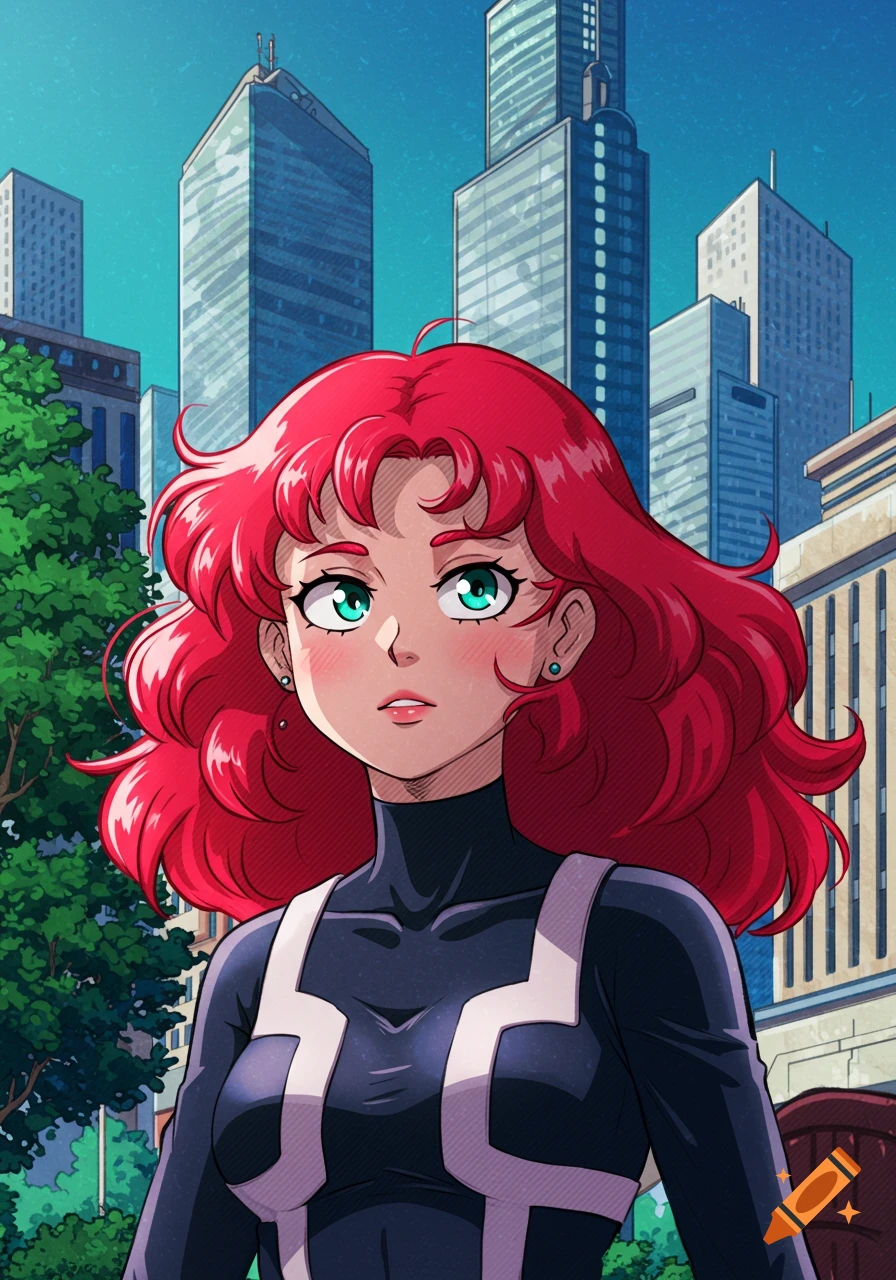 A red-haired anime girl in a black and white superhero suit stands in a city with tall buildings.