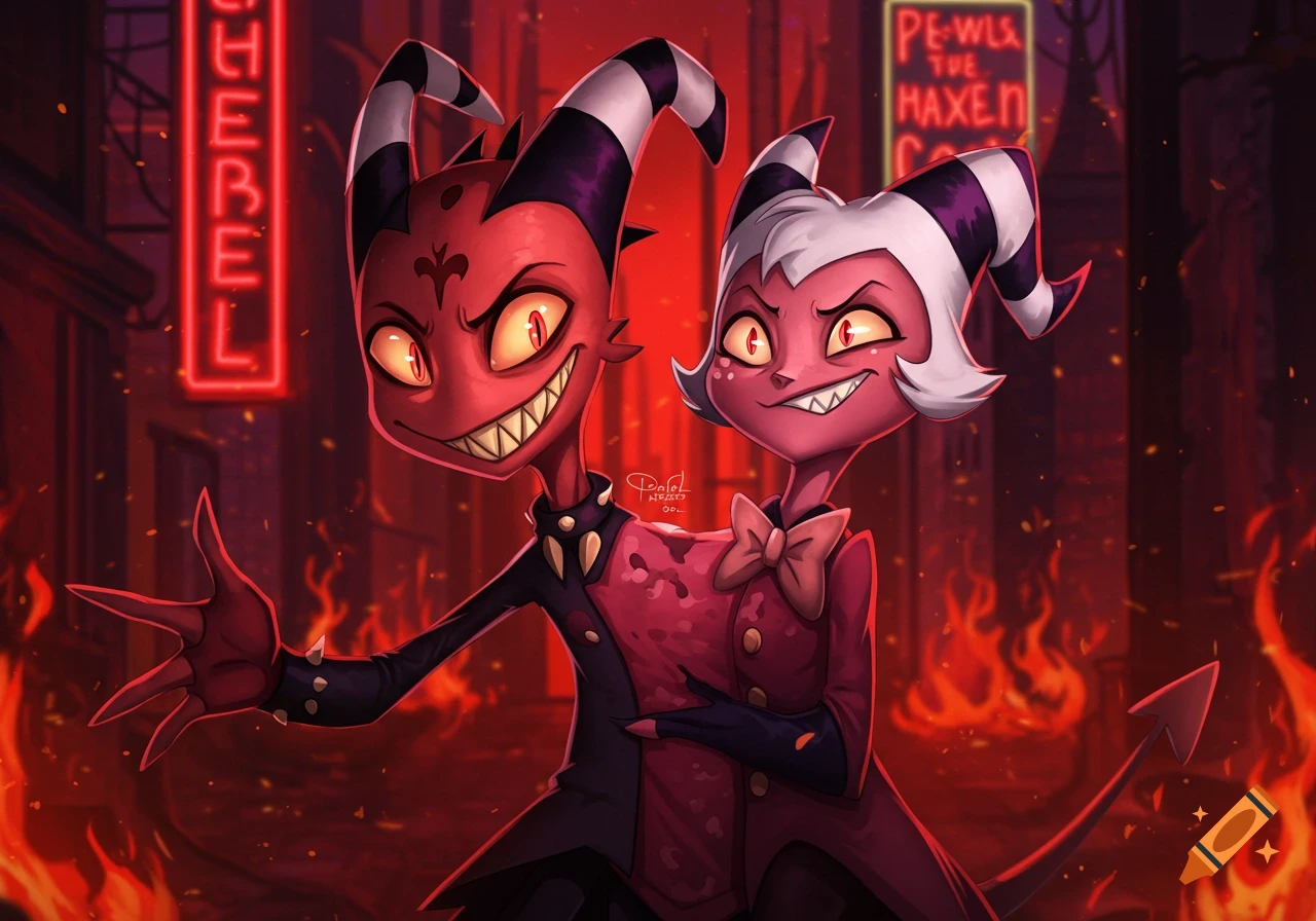 Conjoined cartoon demon-like characters, Blitz esque and Moxxie-esque, smile menacingly in a fiery, dark city street with neon signs.