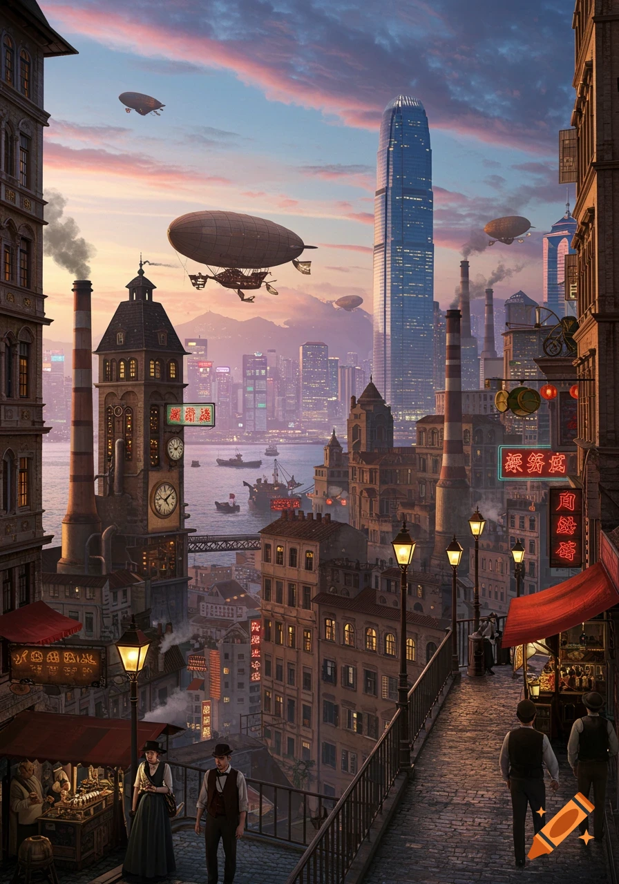 A vibrant steampunk city at sunset, with vintage buildings, airships, and a modern skyscraper under a colorful sky.