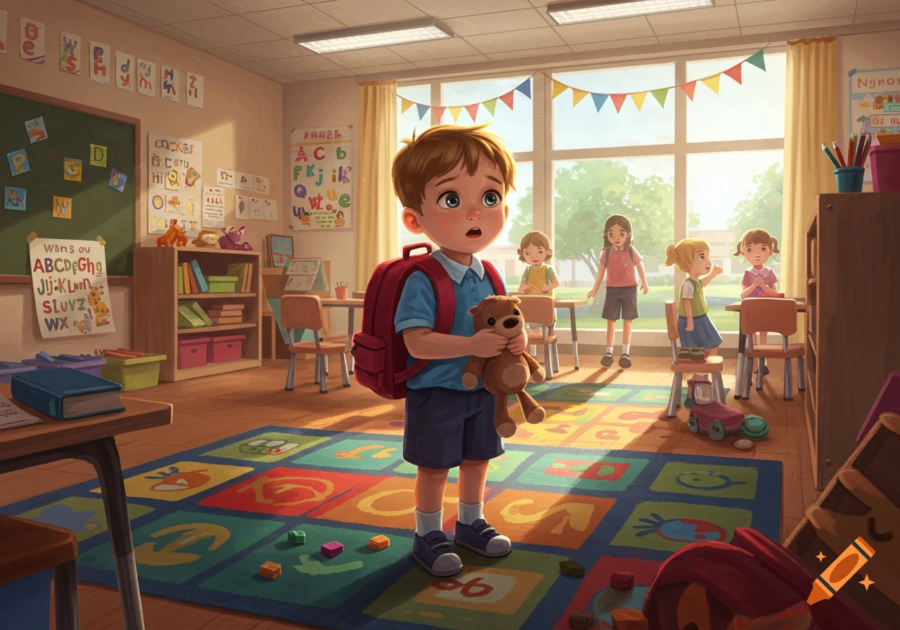 A nervous young boy with a red backpack holds a teddy bear in a brightly lit kindergarten classroom on his first day of school. Other children are in the background.