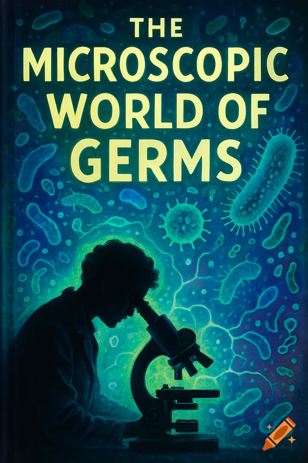 A silhouetted person looks into a microscope against a glowing blue and green background filled with microorganisms. The title "THE MICROSCOPIC WORLD OF GERMS" is at the top.