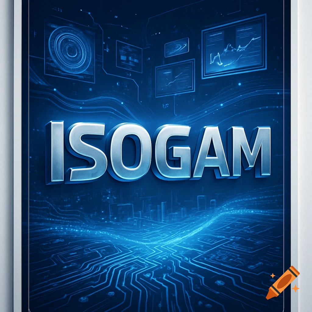 A digital poster with the word 'ISOGAM' in large silver 3D letters, against a blue background with circuit patterns and holographic data screens.