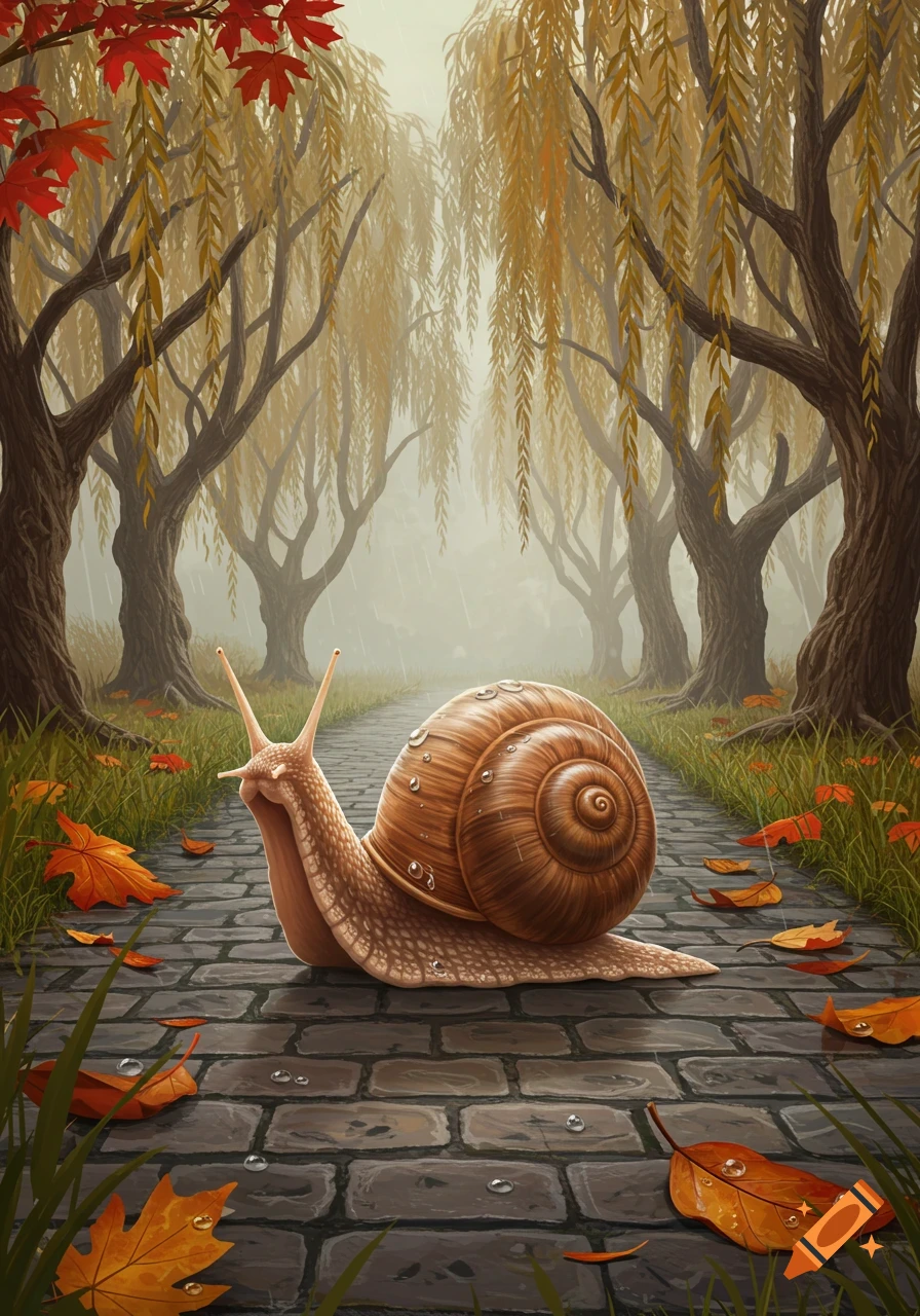 A detailed snail with water droplets on its shell slowly crosses a stone path lined with autumn trees and fallen leaves.