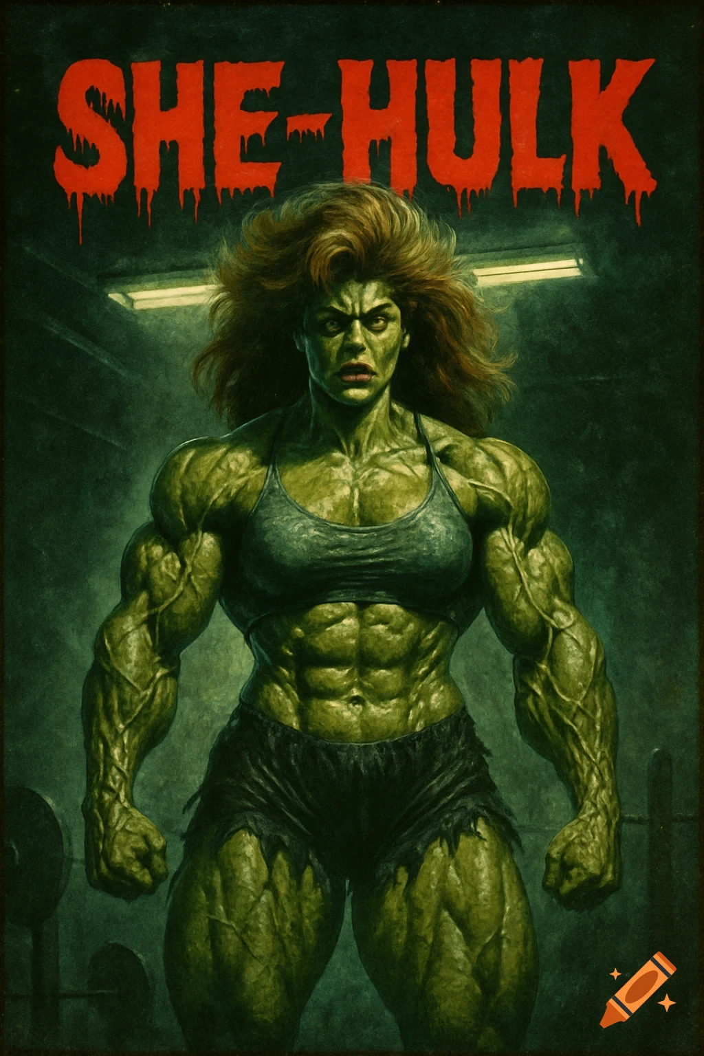 A muscular green She-Hulk in gym attire stands in a gritty gym, depicted in a retro horror movie poster style with 'SHE-HULK' text.