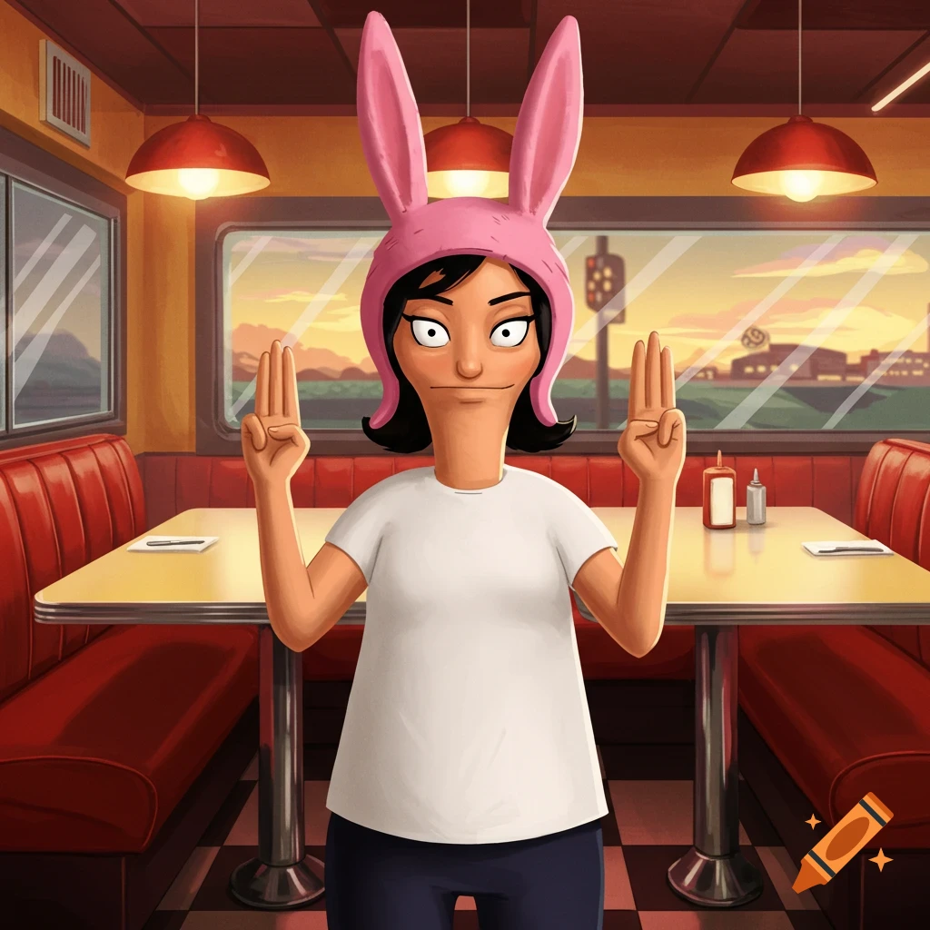 Louise Belcher from Bob's Burgers in a diner, giving a three-finger salute.