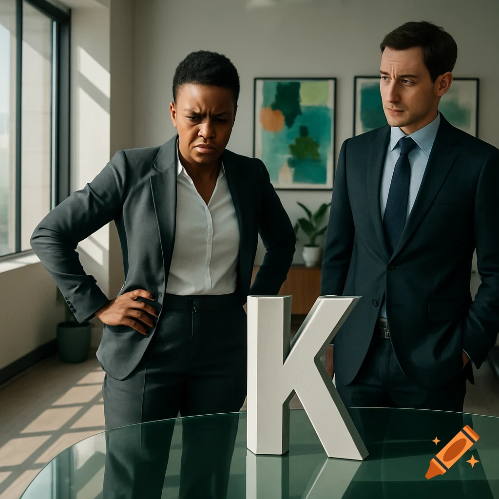 A serious-looking woman and man in suits stand in an office, looking at a large white letter K.