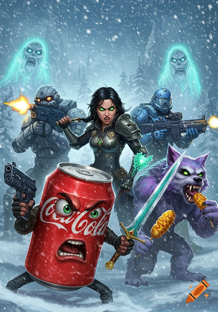 An angry Coca-Cola can with guns, a warrior princess, futuristic marines, a werewolf, and glowing yetis in a snowy blizzard.