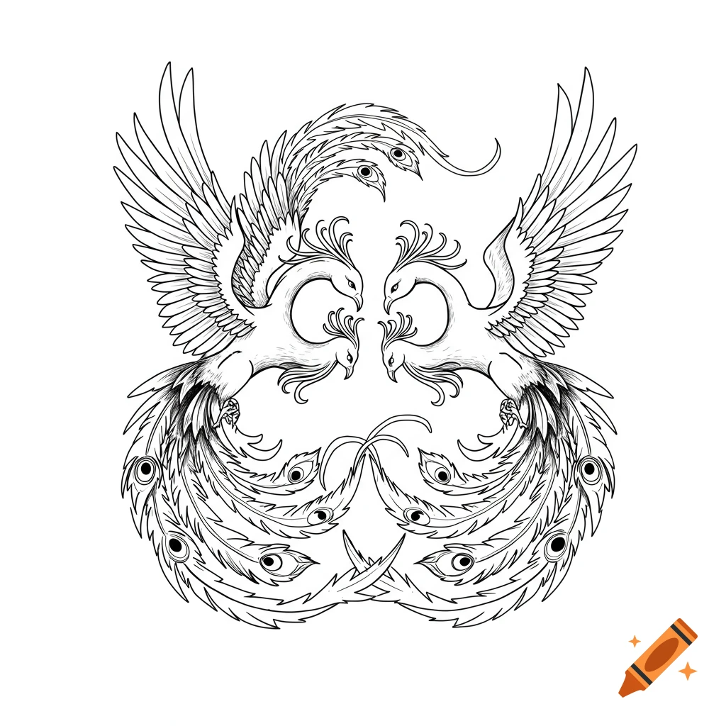 A black outline illustration of two stylized phoenixes facing each other.