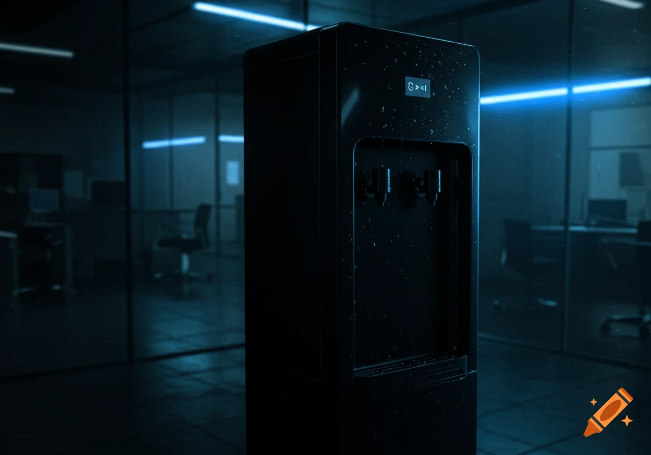 A sleek black water cooler with a blue illuminated display stands in a dark, modern office with glass walls.