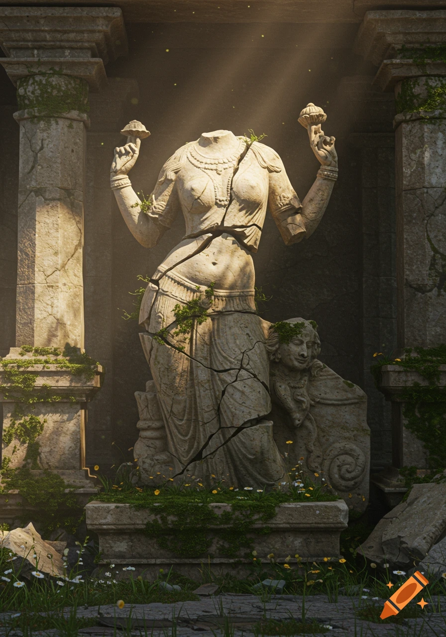 A headless, broken stone statue of a goddess, covered in moss, stands amidst ancient, sunlit ruins with wildflowers.