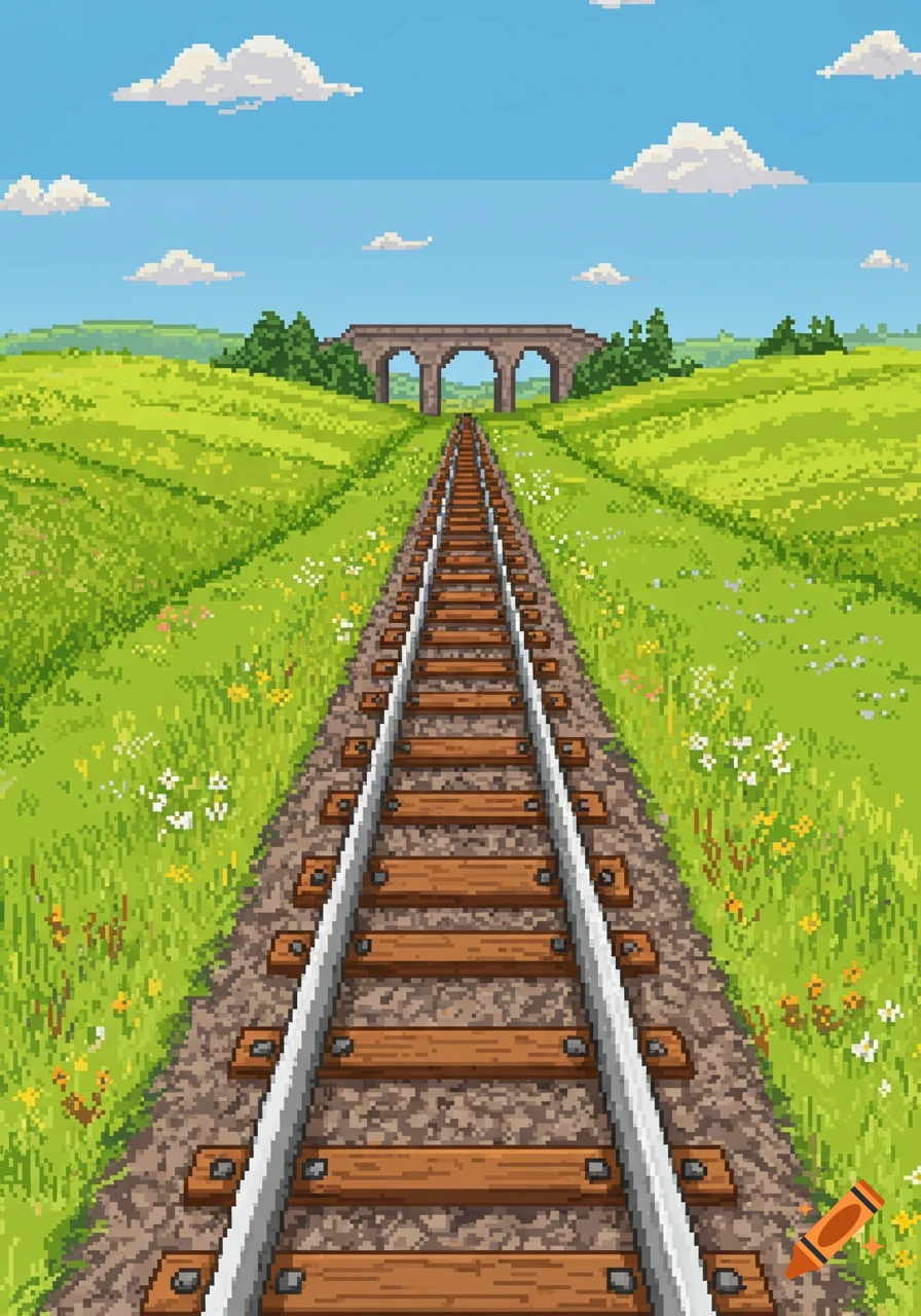 Pixel art of a railway track extending through a vibrant green, grassy landscape towards a stone arch bridge under a blue sky.